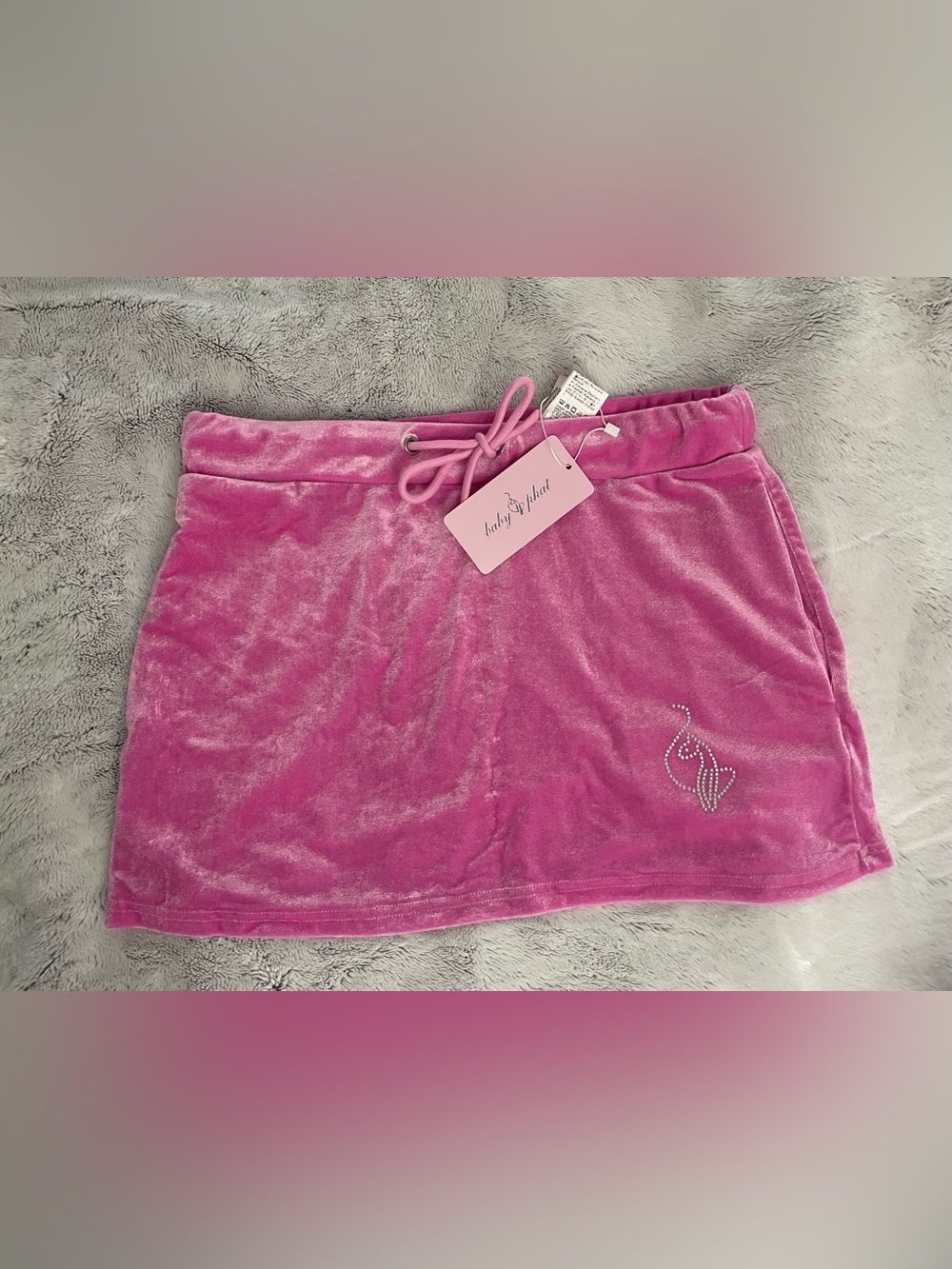 Baby Phat Pink Velour Drawstring Mini Skirt with Rhinestone Logo